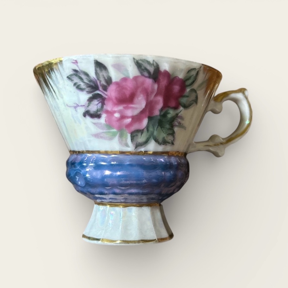 Floral Porcelain Teacup with Blue and Pink Accents